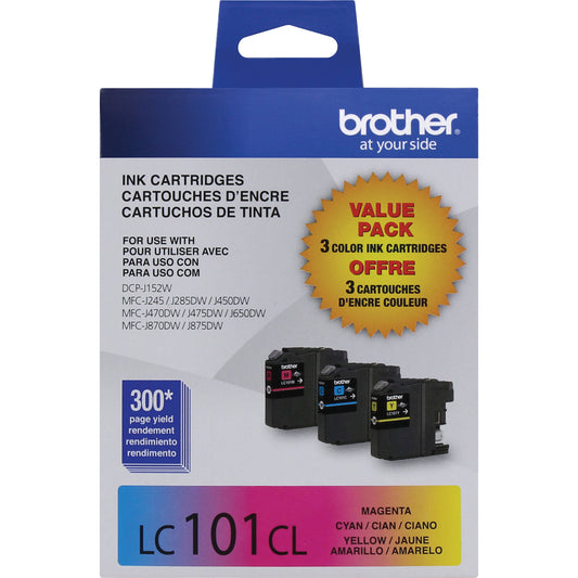 Original Brother LC101 Cyan, Magenta and Yellow Ink Cartridge, Pack Of 3-0